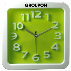 white alarm clock with white numbers on a lime green background and "groupon" on the front